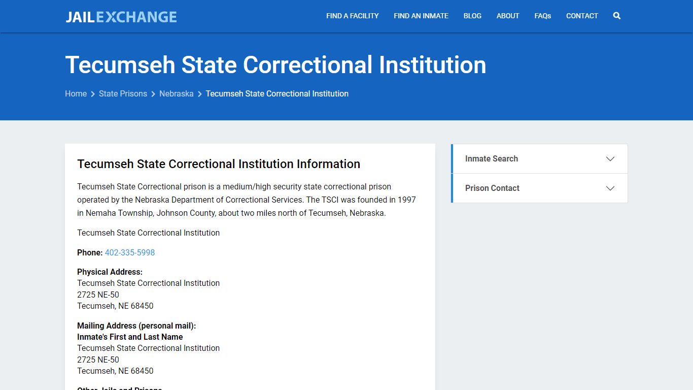 Tecumseh State Correctional Institution Inmate Search, NE - Jail Exchange