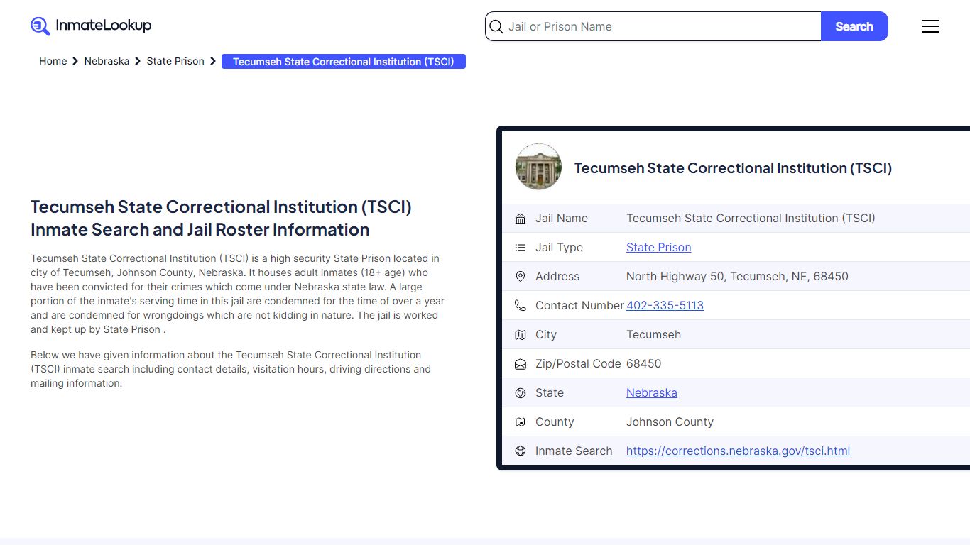 Tecumseh State Correctional Institution (TSCI) Inmate Search, Jail ...